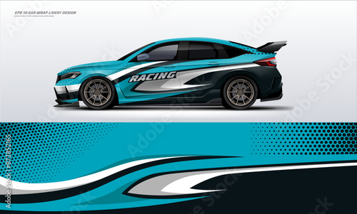 Blue sporty Racing Car wrap livery design dominant touch of blue. branding mockup with racing wrap decal or livery design