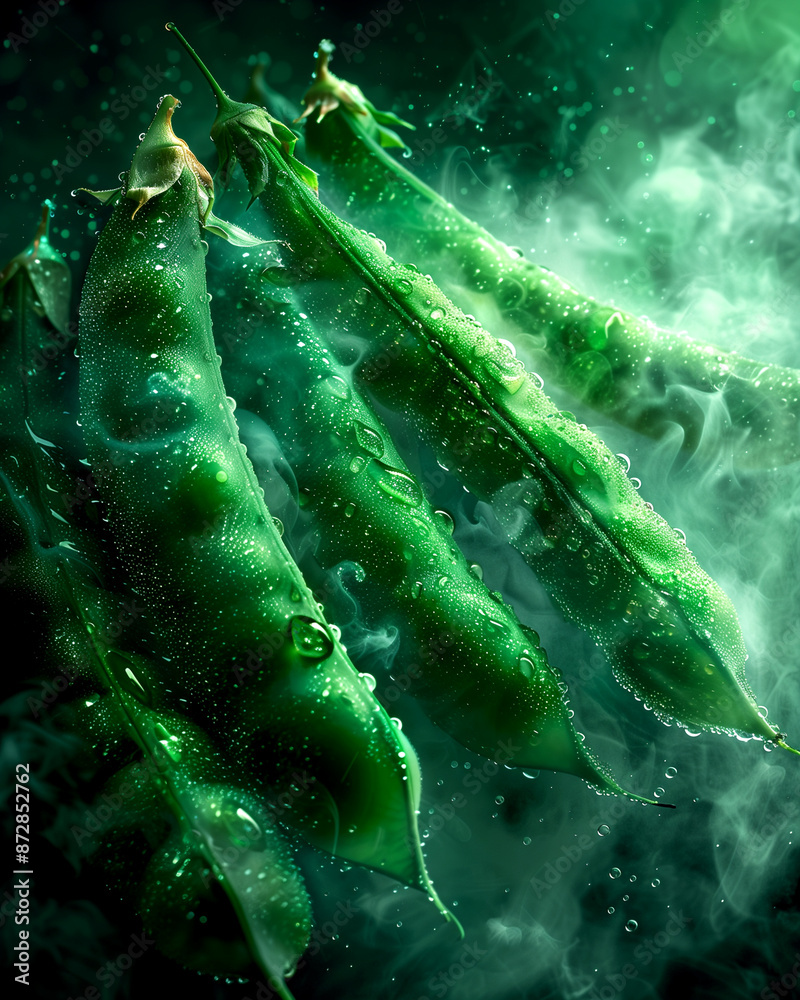 Fototapeta premium A bunch of green peas are shown in a wet, misty atmosphere. Concept of freshness and vitality, as the peas are surrounded by water droplets and appear to be thriving in their environment