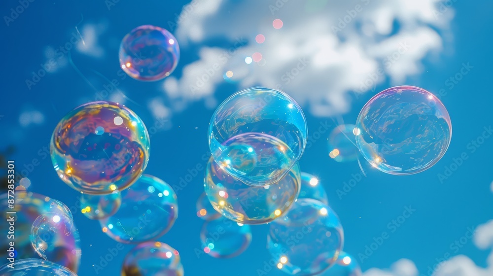 Clear bubbles floating in the air, catching the light and reflecting a rainbow of colors, against a bright blue sky, evoking a sense of freshness and purity.