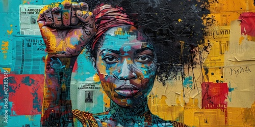 African woman with raised fist. Fight for your rights. Freedom fighter. Graffiti, collage of grunge newspapers and multicolored painting illustration. Generative Ai