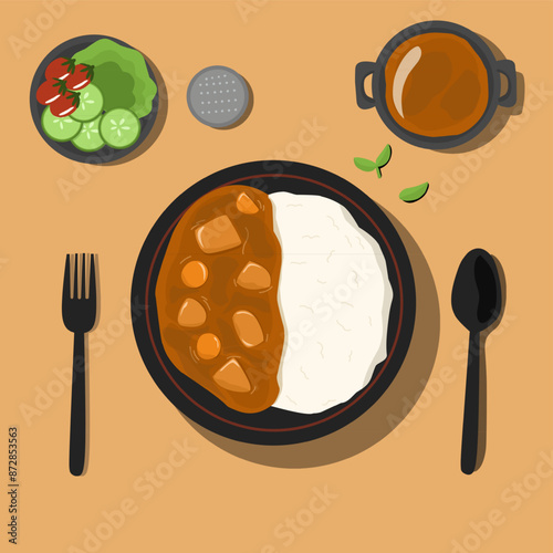 illustration of a set of food cartoon curry rice, japanese food vector isolated