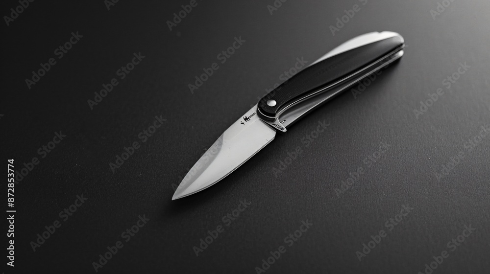 A streamlined, modern utility knife, partially opened, resting on a smooth, neutral surface A streamlined, modern utility knife, partially opened, resting on a smooth, neutral surface