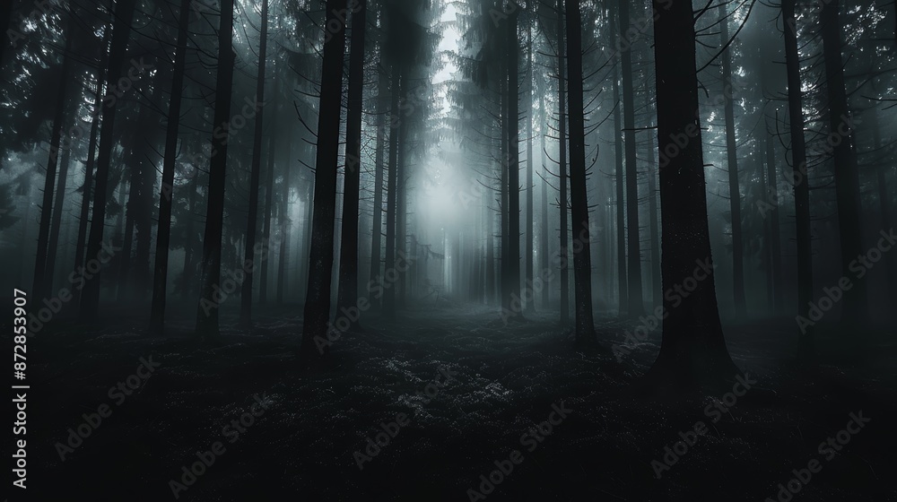 Naklejka premium A mysterious and eerie path through a dense forest shrouded in fog. The dark trees create a sense of unease and anticipation.