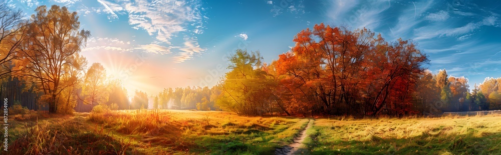 Autumnal Forest Meadow Sun Rays Path Autumnal Forest Meadow Sun Rays Path