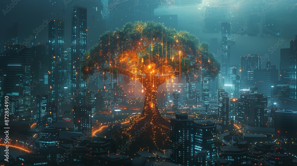 Fototapeta premium A glowing tree stands tall amidst a futuristic city skyline, symbolizing nature's resilience in a technological world.
