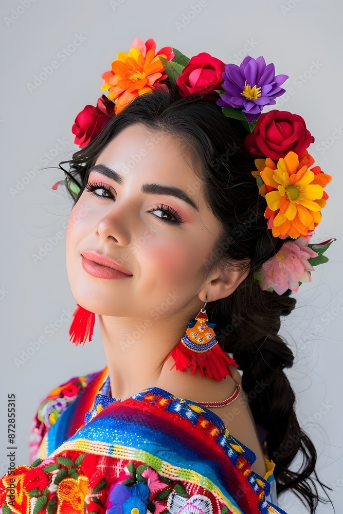 Naklejka premium Attractive Mexican Woman in Vibrant Traditional Costume on Studio White Background