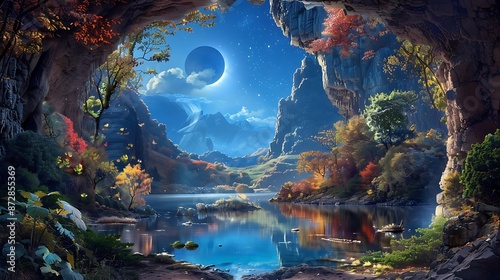 night landscape environment harvest moon over a glittering lake lush vegetation birchwood trees, flowers, magical galaxy. 3d drawing digital art