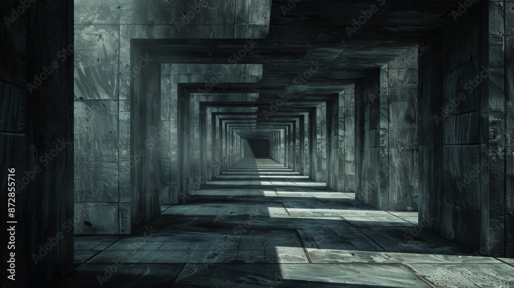 A long, dark corridor with repeating square frames, creating a sense of depth and mystery. The concrete walls are textured, and the light at the end suggests an exit. A long, dark corridor with repeating square frames, creating a sense of depth and mystery. The concrete walls are textured, and the light at the end suggests an exit.