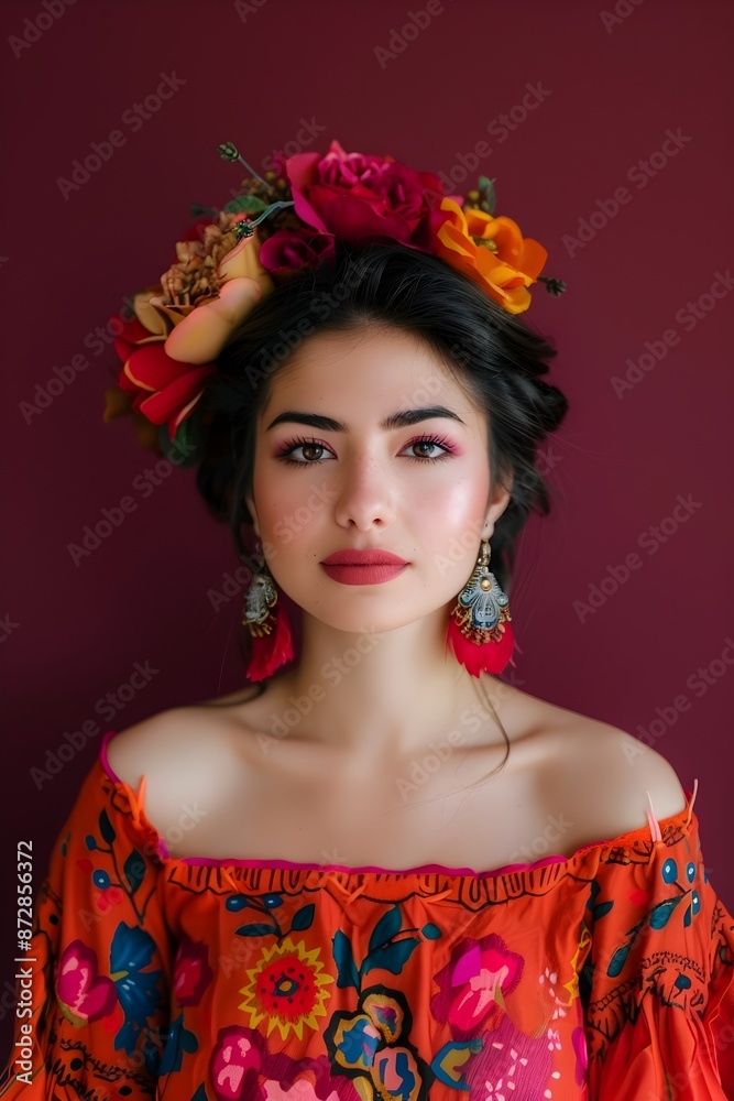 Naklejka premium Captivating Portrait of Alluring Mexican Woman in Vibrant Traditional Costume
