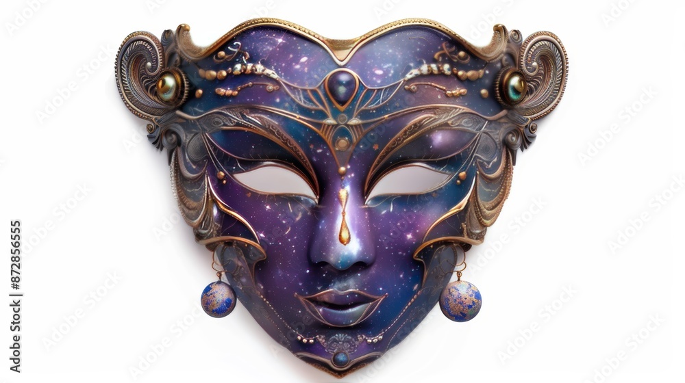A detailed, ornate mask with a purple and gold design, featuring a celestial theme with stars and moons.