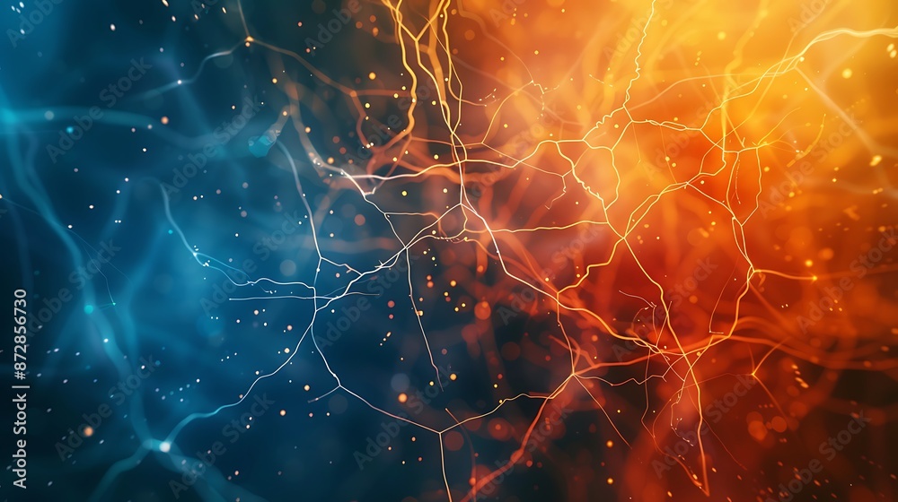A modern science presentation with a bright Plexus background in orange and blue, minimalistic layout, high-quality image A modern science presentation with a bright Plexus background in orange and blue, minimalistic layout, high-quality image