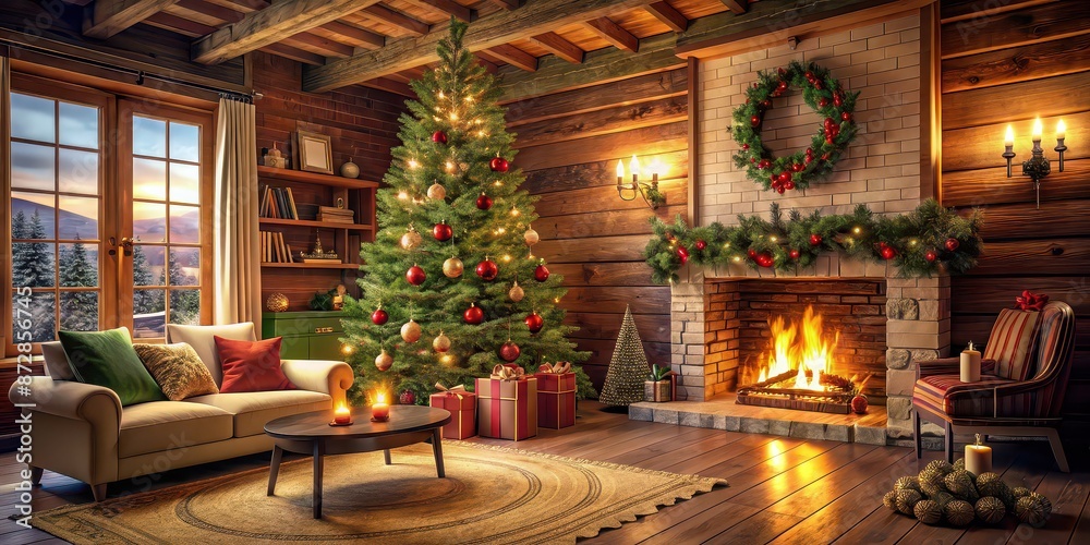 Cozy holiday home decor featuring a Christmas tree and fireplace , cozy, holiday, home, decor, Christmas tree Cozy holiday home decor featuring a Christmas tree and fireplace , cozy, holiday, home, decor, Christmas tree