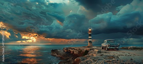 A retro car parked on a rock next to a beautiful lighthouse to ocean on cloudy sunset sky background