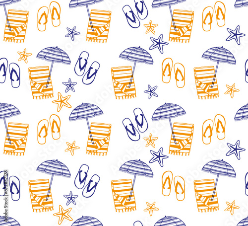 Seamless pattern with summer beach elements. Vector hand drawn background with flip flops, sun umbrella, towel and starfish