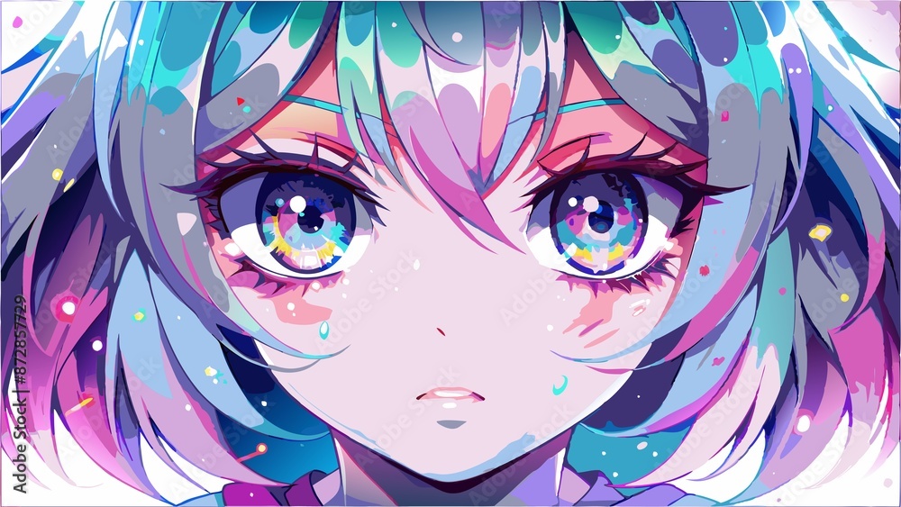 Naklejka premium the gentle face of an anime girl with blue hair and icy sad big eyes