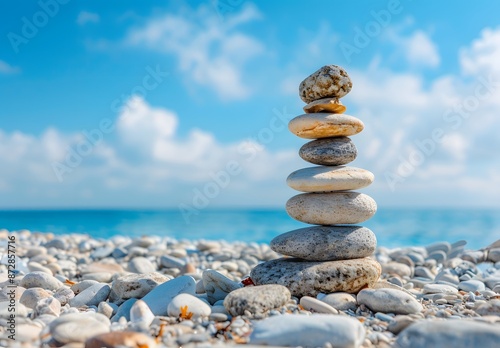 Balanced Stones on Beach with Blue Sky