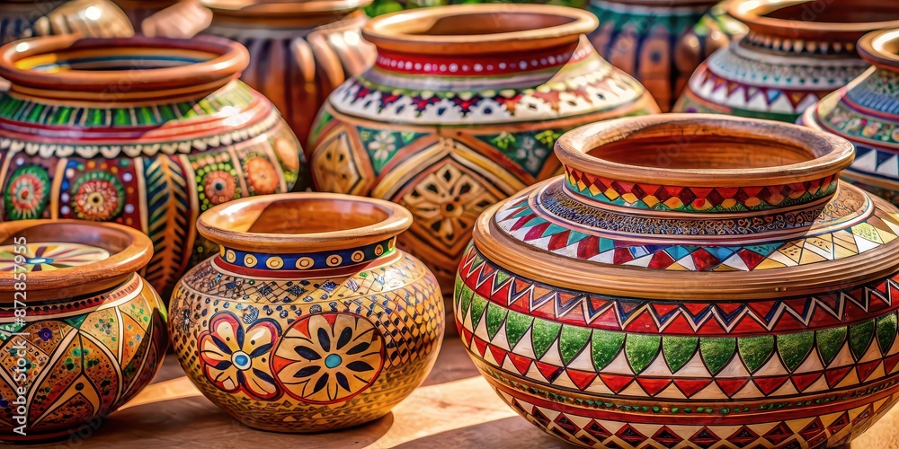 Traditional clay pottery with intricate patterns and designs , handmade, craft, ceramic, art, culture, artisan