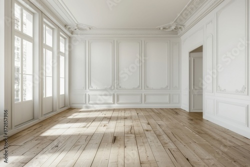 Classic interior with white walls, wooden floor and parquet. © Inigo
