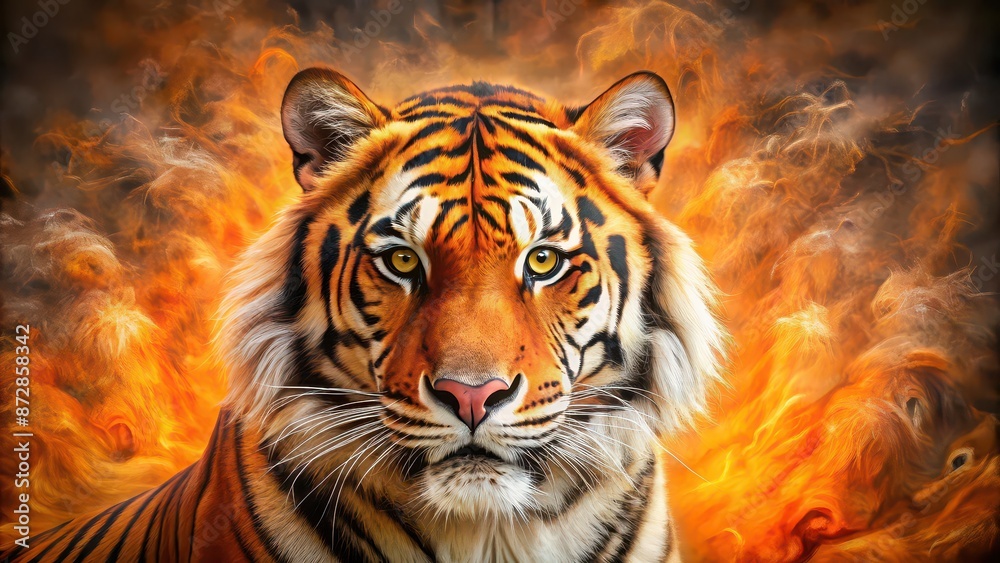 Naklejka premium Abstract orange tiger artwork showcasing the dual essence of the wild , wildlife, nature, abstract, vibrant, fierce, predator