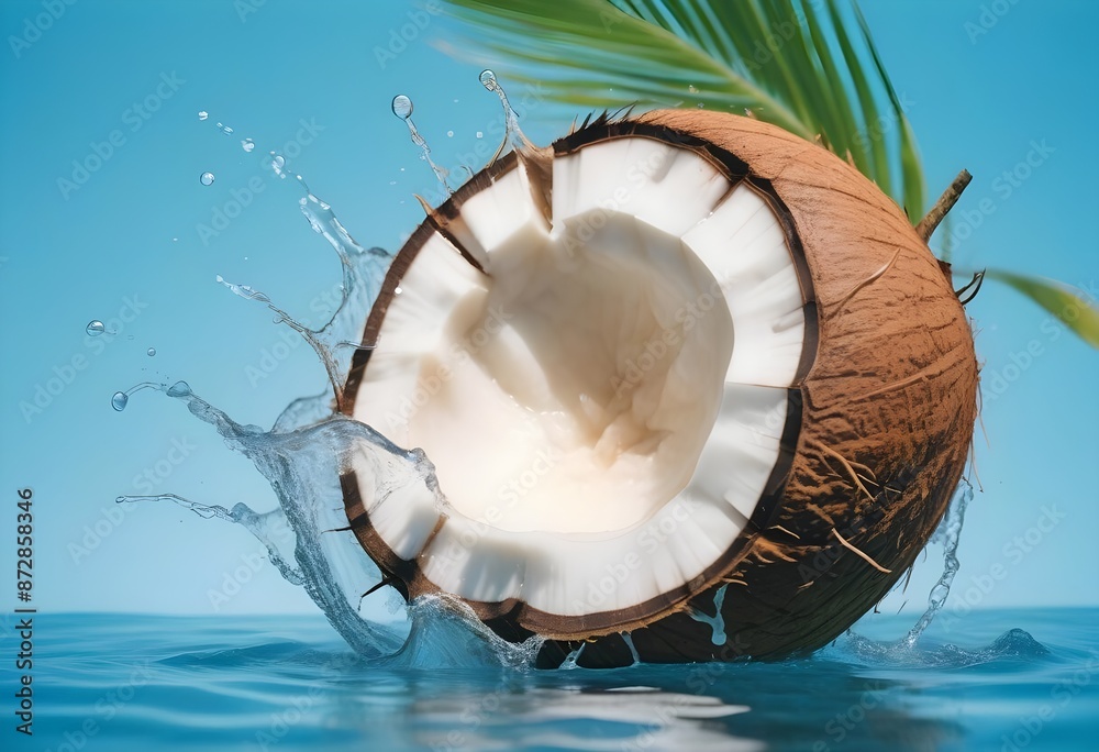 a coconut with water splashing out of it against a bright blue background a coconut with water splashing out of it against a bright blue background