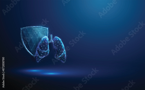Abstract blue human lungs, futuristic guard shield. Healthcare protection medical concept. Low poly futuristic digital technology neon style. Geometric background Wireframe connection structure Vector