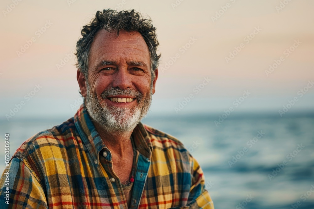 Portrait of a grinning man in his 60s wearing a comfy flannel shirt in front of serene seaside background Portrait of a grinning man in his 60s wearing a comfy flannel shirt in front of serene seaside background