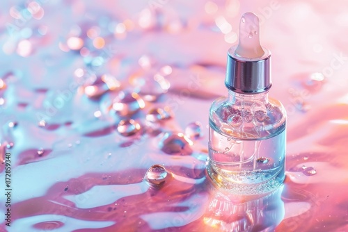 A bottle of bubbly liquid on a pink background, Liquid serum or hyaluronic acid splash on light pastel background, AI generated