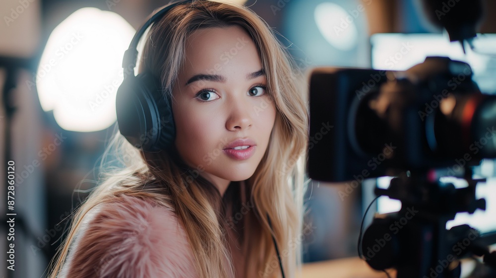 Young woman with headphones recording in a studio with professional camera and lighting setup