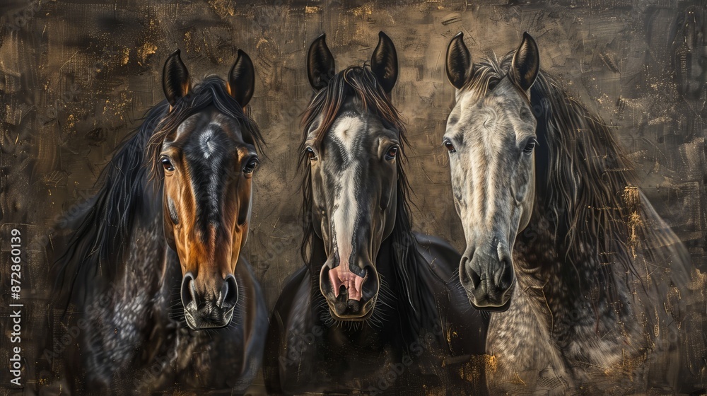 Fototapeta premium Painting with golden colors on textured background. Oil on canvas. Modern Art. Horses, green, gray, wallpaper, posters, cards, murals, carpets, hangings, prints, etc.