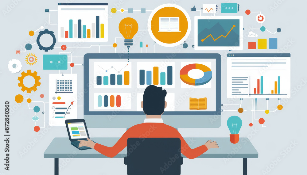 Analyzing Digital Marketing Data - Business Professional Examining Metrics on Screen with Marketing Icons Surrounding Them Analyzing Digital Marketing Data - Business Professional Examining Metrics on Screen with Marketing Icons Surrounding Them