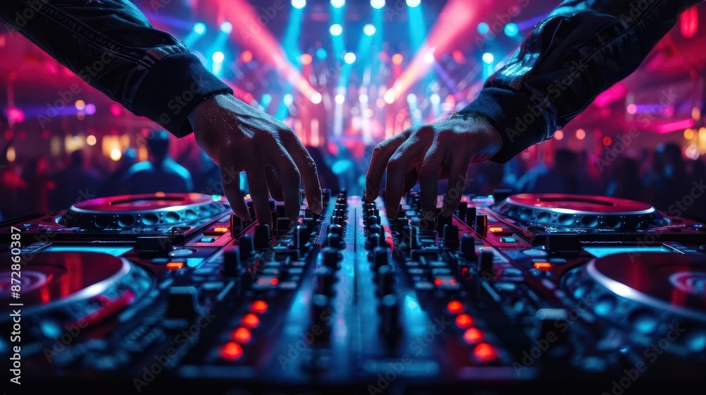 DJ mixing music at a vibrant nightclub, colorful laser lights, energetic crowd, high detail, modern DJ equipment, dynamic and lively atmosphere, high resolution, party scene DJ mixing music at a vibrant nightclub, colorful laser lights, energetic crowd, high detail, modern DJ equipment, dynamic and lively atmosphere, high resolution, party scene