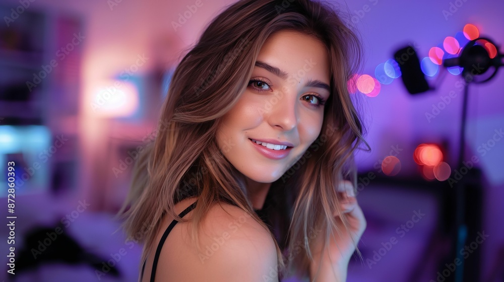 Portrait of a young woman smiling in a colorful, neon-lit room with a bokeh background Portrait of a young woman smiling in a colorful, neon-lit room with a bokeh background