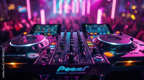 DJ mixing music at a vibrant nightclub, colorful laser lights, energetic crowd, high detail, modern DJ equipment, dynamic and lively atmosphere, high resolution, party scene