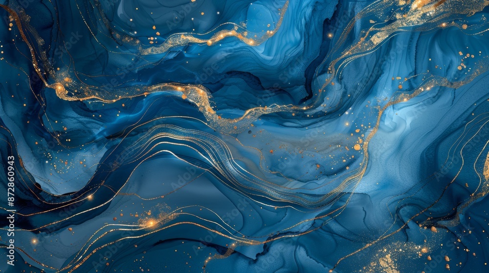 Stylish invitation with abstract navy blue waves and gold splashes. Stylish invitation with abstract navy blue waves and gold splashes.