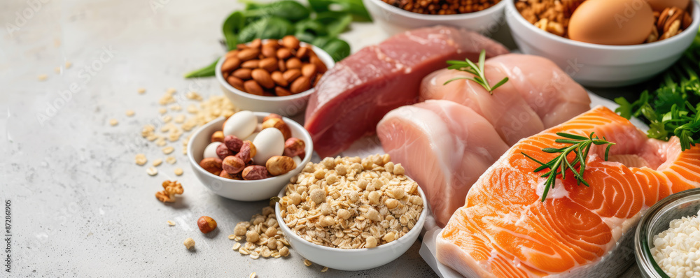 selection of protein sources on white stone background