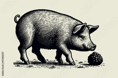Truffle hog. Truffle mushroom. The pig is looking for truffles. Vintage black engraving vector illustration. Hand drawing, outline, line art
