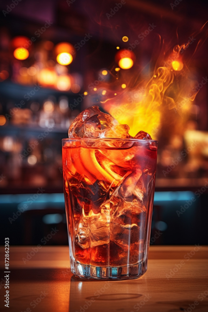 Fiery cocktail with ice cubes in a glass on a bar counter, surrounded by warm ambient lighting in a vibrant bar setting. Fiery cocktail with ice cubes in a glass on a bar counter, surrounded by warm ambient lighting in a vibrant bar setting.