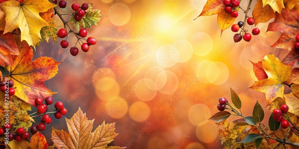 Abstract background of autumn leaves and berries in warm hues, autumn, leaves, berries, abstract, background, warm, hues, fall Abstract background of autumn leaves and berries in warm hues, autumn, leaves, berries, abstract, background, warm, hues, fall