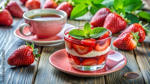 Десерт с клубникой и мятой. Красный чай