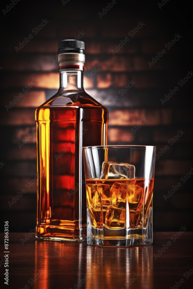 Bottle of whiskey and a glass with ice cubes on a wooden surface with a dark brick wall background. Bottle of whiskey and a glass with ice cubes on a wooden surface with a dark brick wall background.