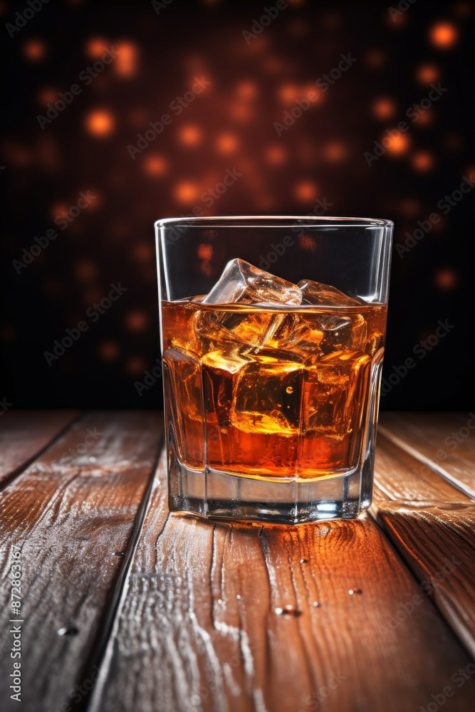 Glass of whiskey with ice cubes on a wooden table with a background of warm bokeh lights, creating a cozy and inviting atmosphere. Glass of whiskey with ice cubes on a wooden table with a background of warm bokeh lights, creating a cozy and inviting atmosphere.