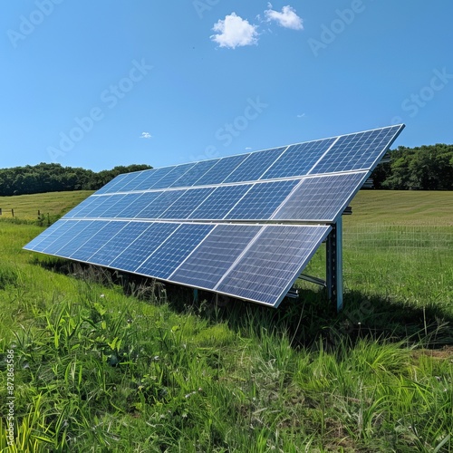 A solar panel, made of composite material, is positioned on a slope in a grassy field, harnessing solar energy from sunlight to power technology fixtures