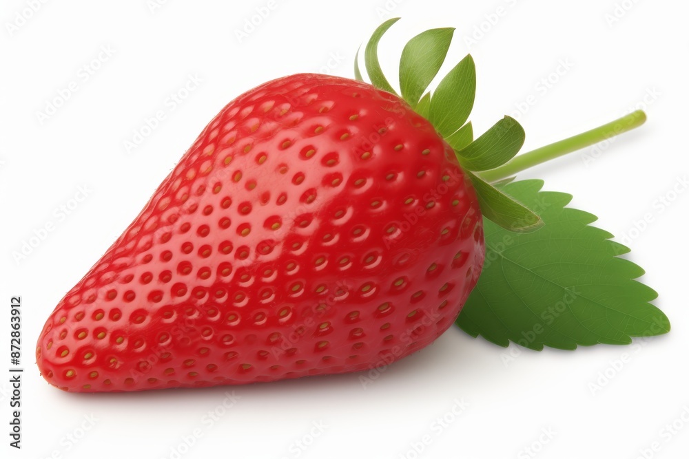 Ripe red strawberry displayed on a bright white background for striking visual appeal Ripe red strawberry displayed on a bright white background for striking visual appeal