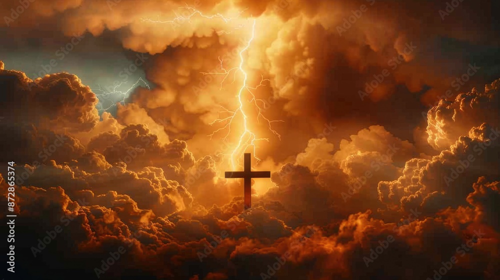Holy cross the symbol of death and resurrection of Jesus Christ on Easter day with dramatic lightning sunset.
Holy cross the symbol of death and resurrection of Jesus Christ on Easter day with dramatic lightning sunset.