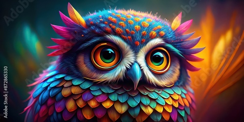 Colorful and cute owl with vibrant feathers and big eyes , owl, colorful, cute, bird, vibrant, feathers, big eyes,whimsical © Sujid