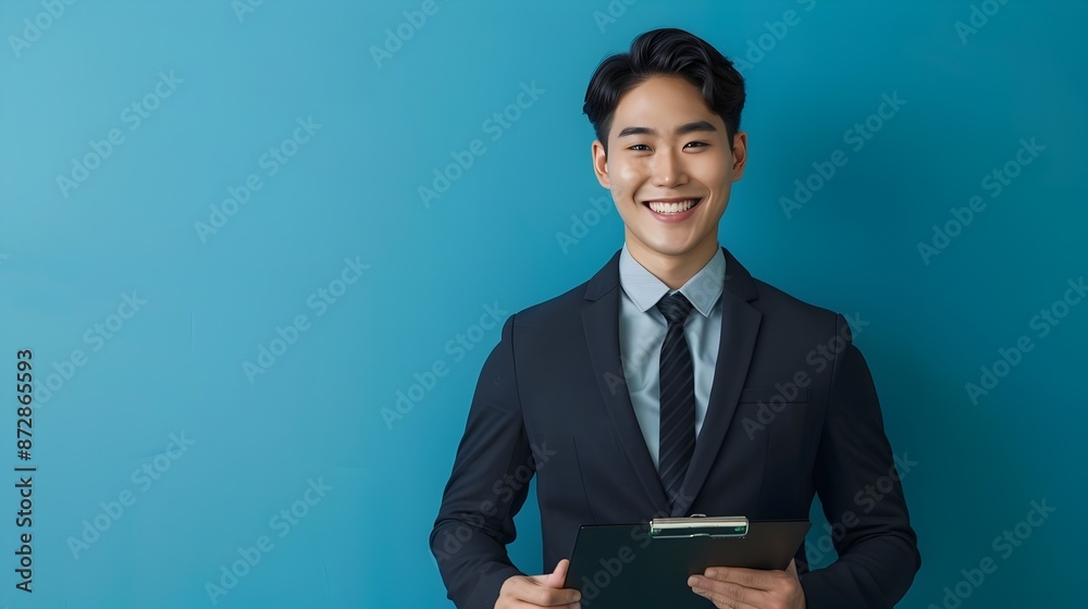 Smiling Hallyu Businessman Holding Clipboard in Neo Pop Style on Blue Background Smiling Hallyu Businessman Holding Clipboard in Neo Pop Style on Blue Background