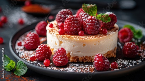 This image showcases a delicious gourmet cake garnished with fresh raspberries and mint leaves, highlighting its delectable presentation and the vibrant contrast of colors.
