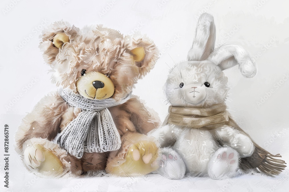 Fototapeta premium Isolated illustration of a 3D bear and bunny in a modern environment.
