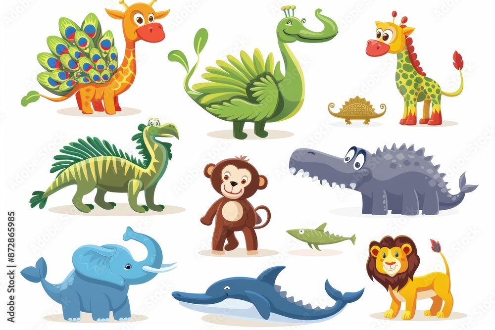 Obraz premium In watercolor style, Safari Animals set includes chameleons, peacocks, elephants, flamingos, lions, storks, monkeys, dolphins, and crocodiles.