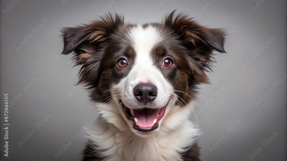 Fluffy border collie puppy with a big grin looking directly at the camera , isolated, adorable, fluffy, playful, pet, canine Fluffy border collie puppy with a big grin looking directly at the camera , isolated, adorable, fluffy, playful, pet, canine